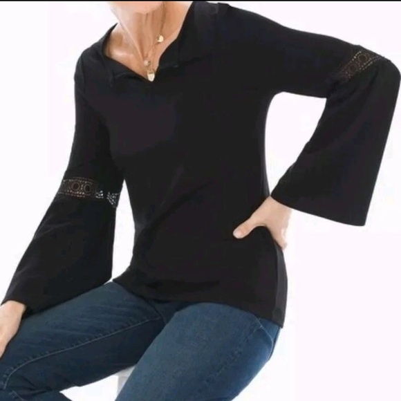 Chico's Tops - Chico's  Black Knit Ponte Lace Insert  Poet Long Bell Sleeve EUC. Size 2(12)